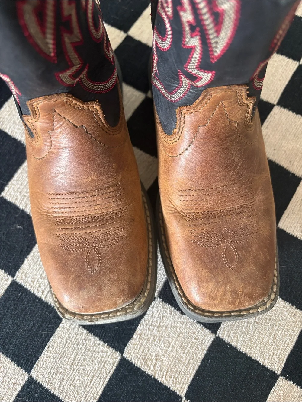 Justin Boots Brown Leather & Black Shaft Kids Western Boots with Red Stitching